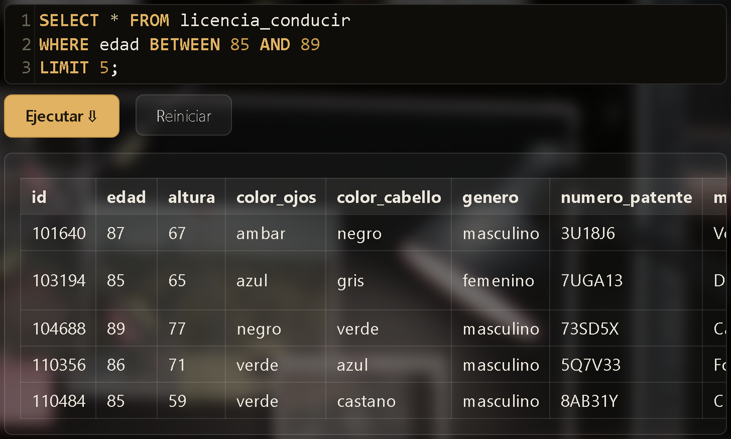 Resultado de una consulta con WHERE edad BETWEEN 85 AND 89