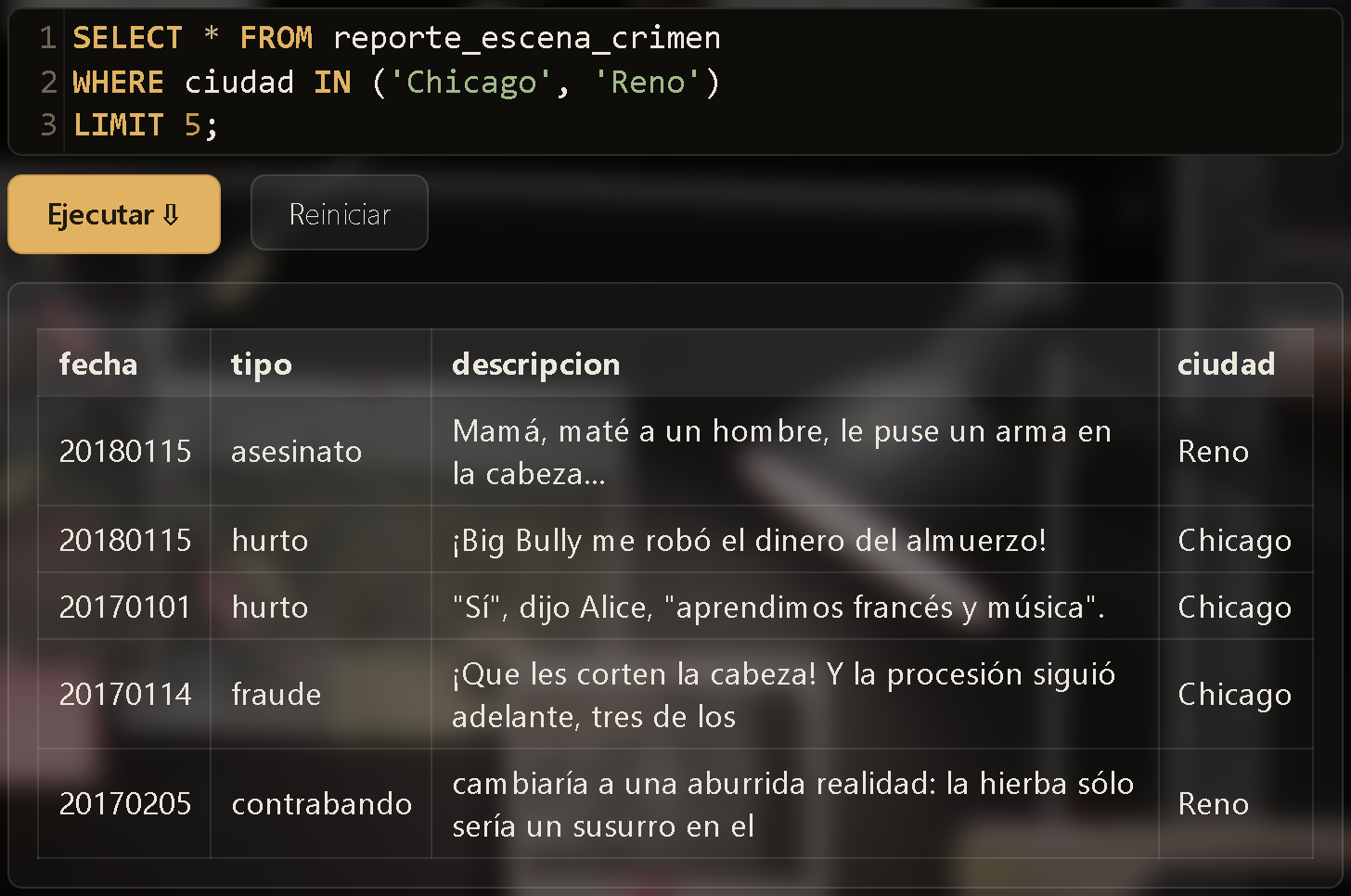 Resultado de una consulta con WHERE ciudad IN ('Chicago', 'Reno')