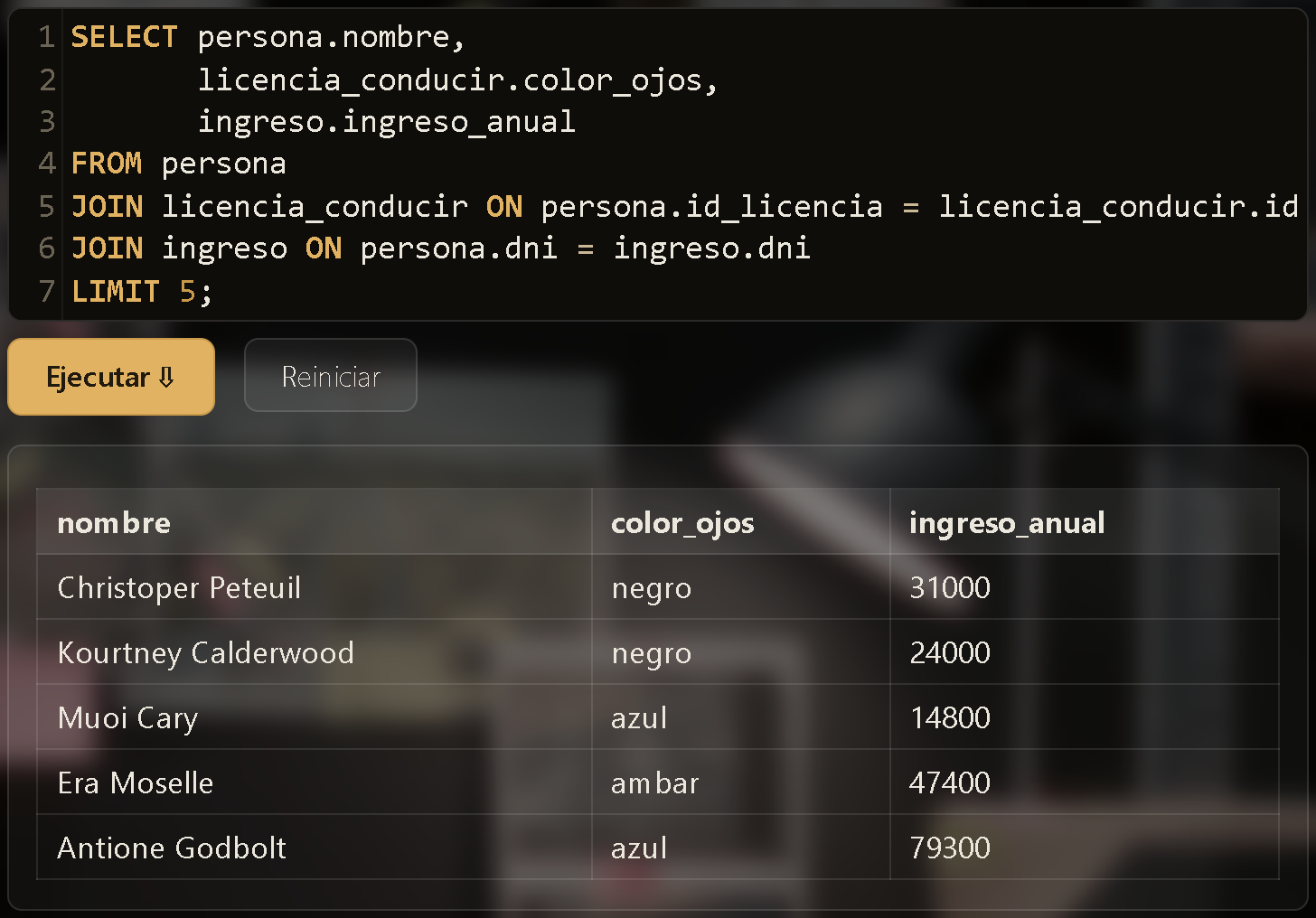 Resultado de una consulta con dos JOIN encadenados entre tres tablas