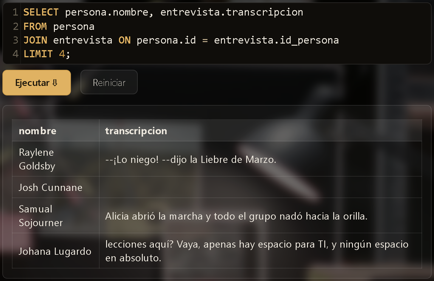 Resultado de un JOIN entre persona y entrevista