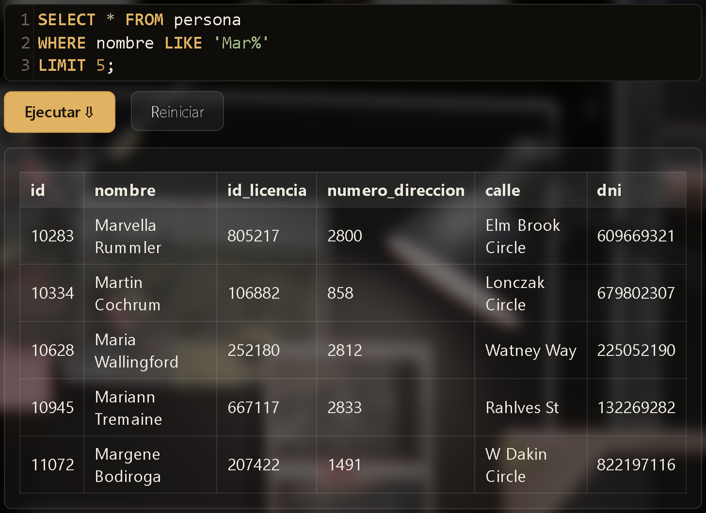 Resultado de una búsqueda con LIKE 'Mar%'
