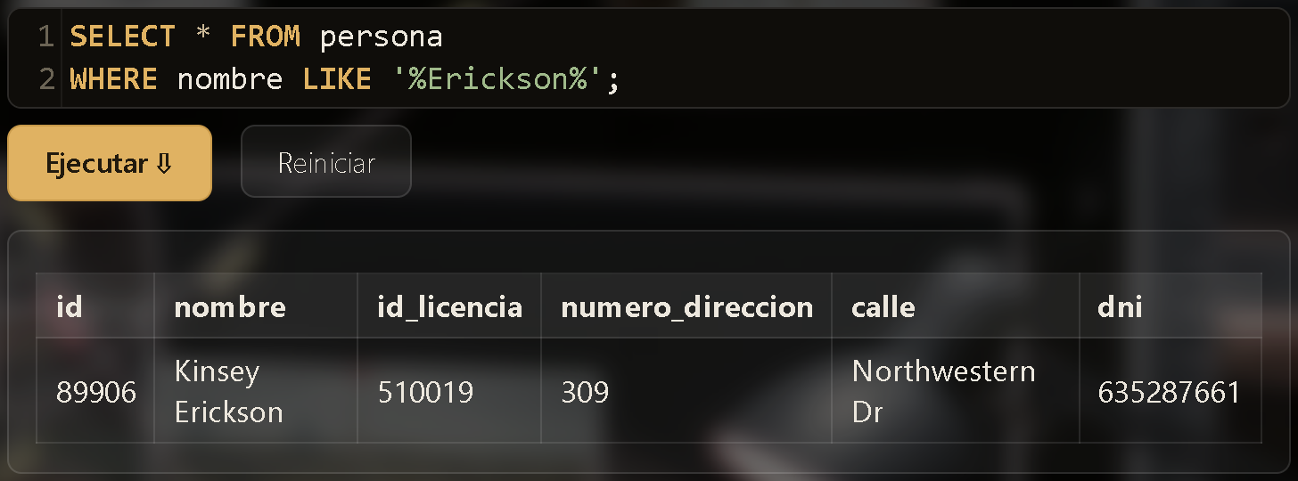 Resultado de una búsqueda aproximada con LIKE '%Erickson%'