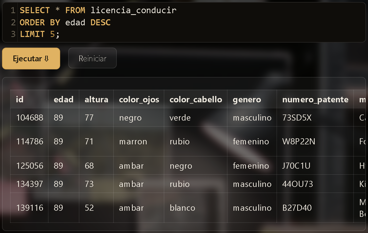 Resultado de una consulta ordenada con ORDER BY edad DESC