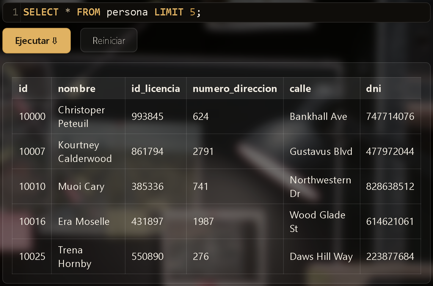 Resultado de SELECT * FROM persona LIMIT 5, mostrando todas las columnas de la tabla persona